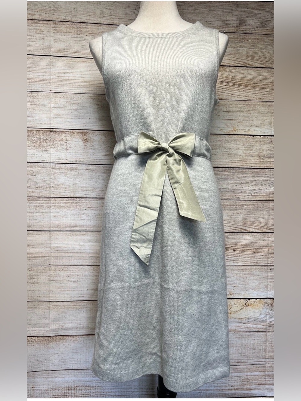 J Crew x Sontuosa Cashmere Sweater Shift Dress Sz M Bow Tie-Belt Sleeveless Gray